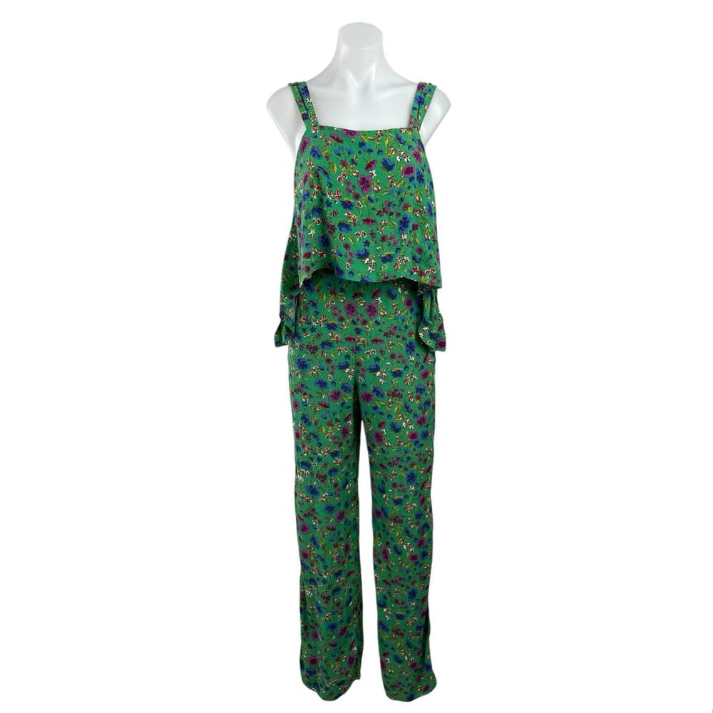 Sezane Penelope Green Floral Sleeveless Ruffle Straight Wide Leg Jumpsuit Size 2